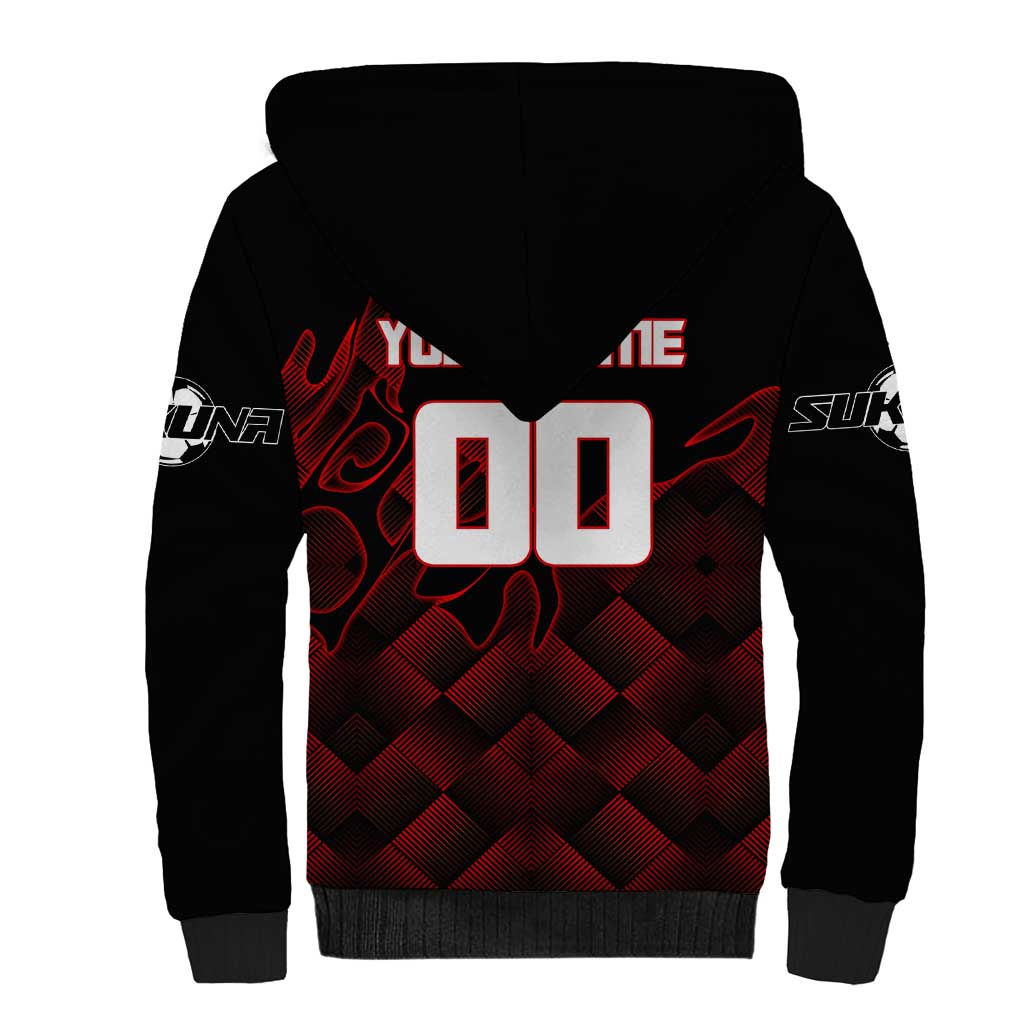 Personalized Sukuna Jujutsu Kaisen Soccer Theme Sherpa Hoodie with Powerful Kick Pose and Red Black Plaid Graphic Design - The Mazicc