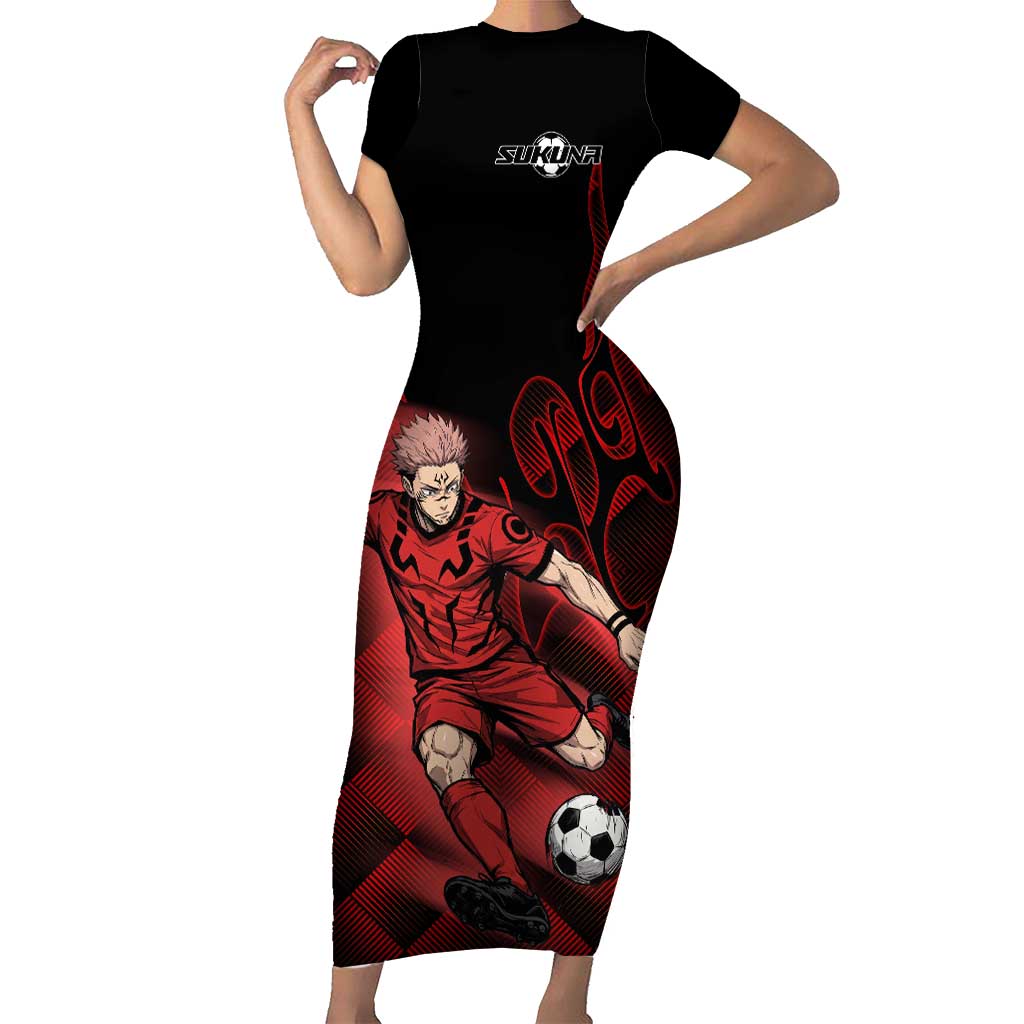 Personalized Sukuna Jujutsu Kaisen Soccer Theme Short Sleeve Bodycon Dress with Powerful Kick Pose and Red Black Plaid Graphic Design - The Mazicc