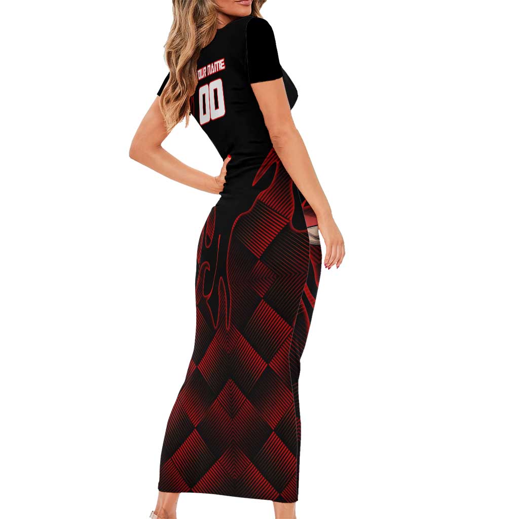 Personalized Sukuna Jujutsu Kaisen Soccer Theme Short Sleeve Bodycon Dress with Powerful Kick Pose and Red Black Plaid Graphic Design - The Mazicc
