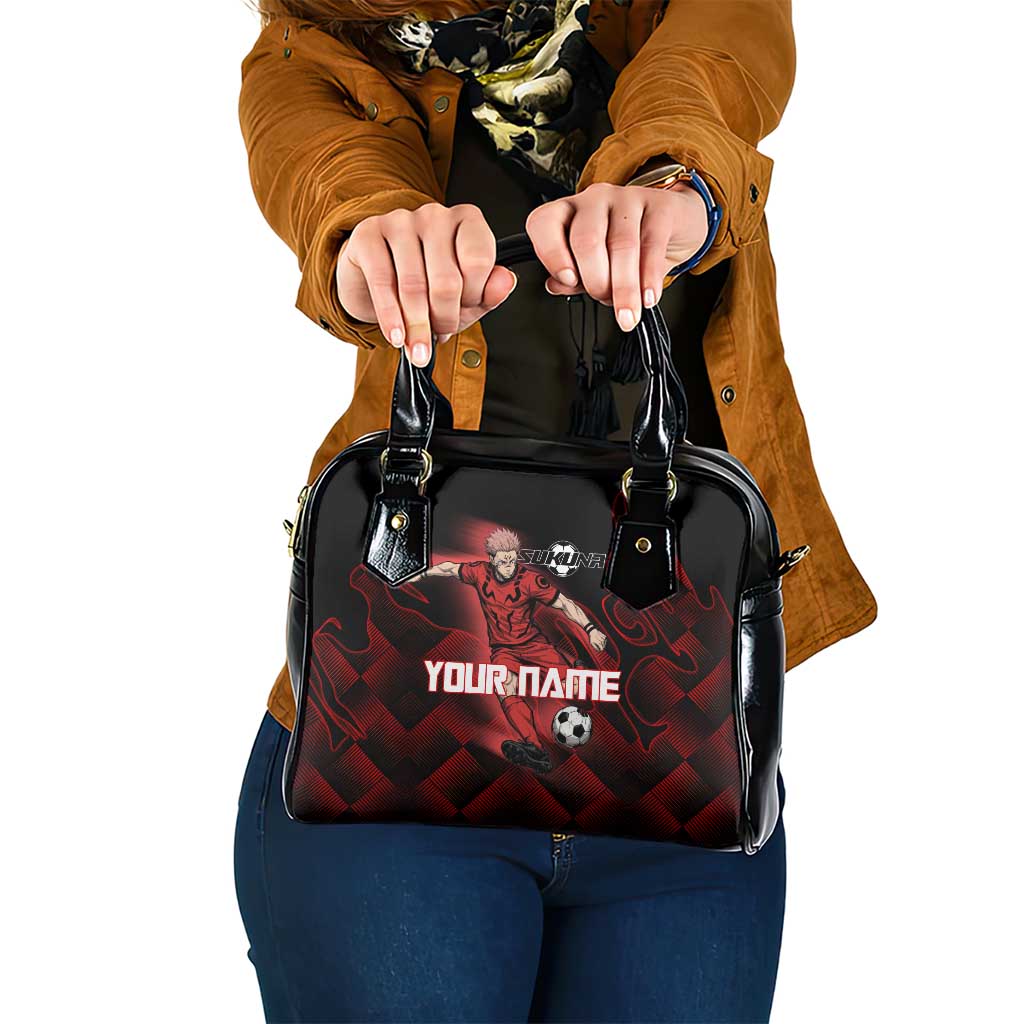 Personalized Sukuna Jujutsu Kaisen Soccer Theme Shoulder Handbag with Powerful Kick Pose and Red Black Plaid Graphic Design - The Mazicc