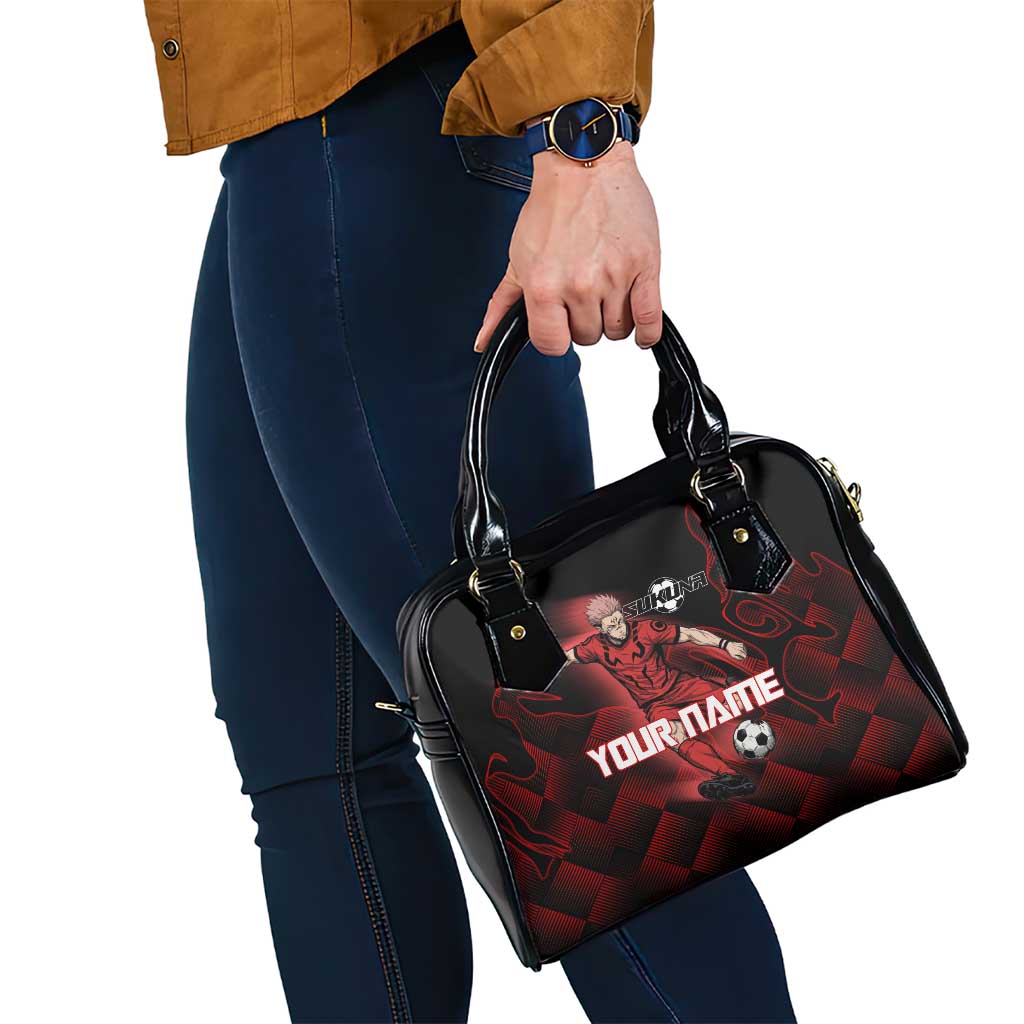 Personalized Sukuna Jujutsu Kaisen Soccer Theme Shoulder Handbag with Powerful Kick Pose and Red Black Plaid Graphic Design - The Mazicc