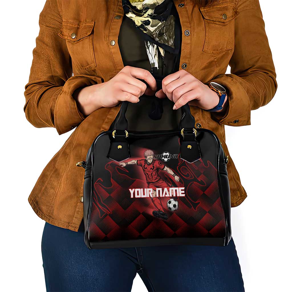 Personalized Sukuna Jujutsu Kaisen Soccer Theme Shoulder Handbag with Powerful Kick Pose and Red Black Plaid Graphic Design - The Mazicc