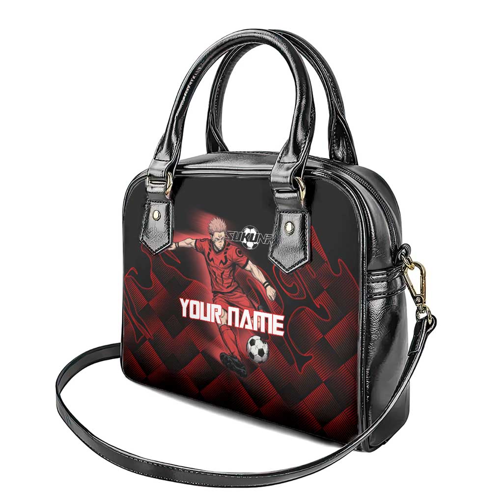 Personalized Sukuna Jujutsu Kaisen Soccer Theme Shoulder Handbag with Powerful Kick Pose and Red Black Plaid Graphic Design - The Mazicc