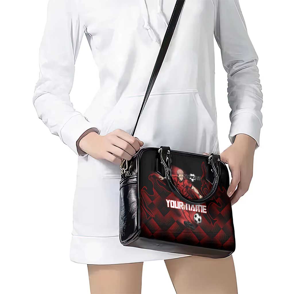 Personalized Sukuna Jujutsu Kaisen Soccer Theme Shoulder Handbag with Powerful Kick Pose and Red Black Plaid Graphic Design - The Mazicc