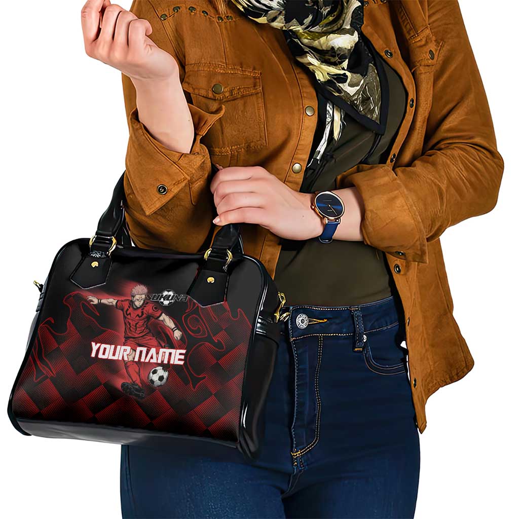 Personalized Sukuna Jujutsu Kaisen Soccer Theme Shoulder Handbag with Powerful Kick Pose and Red Black Plaid Graphic Design - The Mazicc