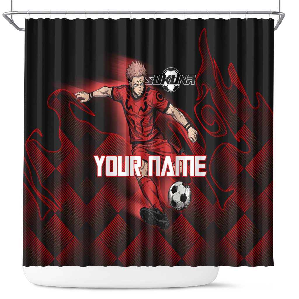 Personalized Sukuna Jujutsu Kaisen Soccer Theme Shower Curtain with Powerful Kick Pose and Red Black Plaid Graphic Design - The Mazicc