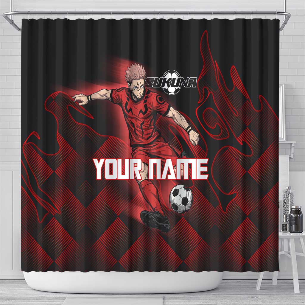 Personalized Sukuna Jujutsu Kaisen Soccer Theme Shower Curtain with Powerful Kick Pose and Red Black Plaid Graphic Design - The Mazicc