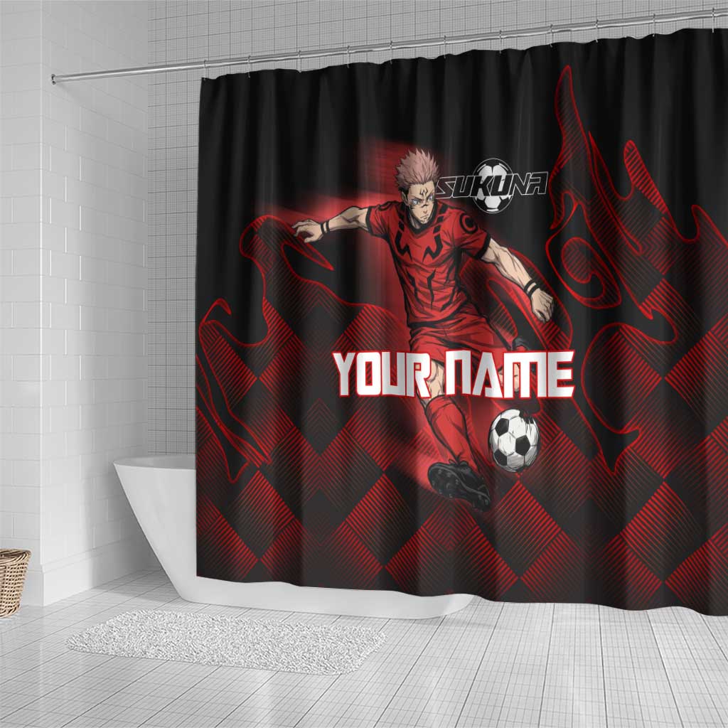 Personalized Sukuna Jujutsu Kaisen Soccer Theme Shower Curtain with Powerful Kick Pose and Red Black Plaid Graphic Design - The Mazicc