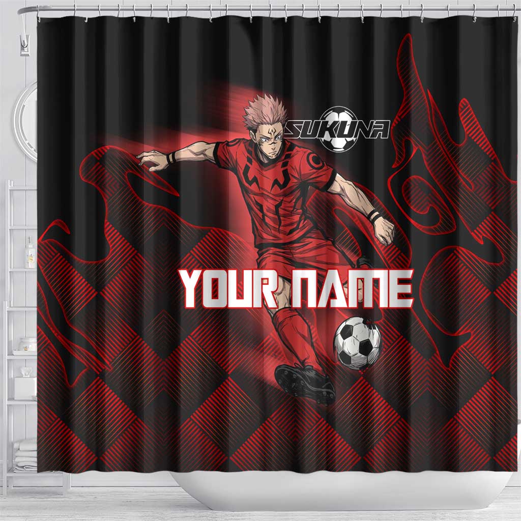 Personalized Sukuna Jujutsu Kaisen Soccer Theme Shower Curtain with Powerful Kick Pose and Red Black Plaid Graphic Design - The Mazicc