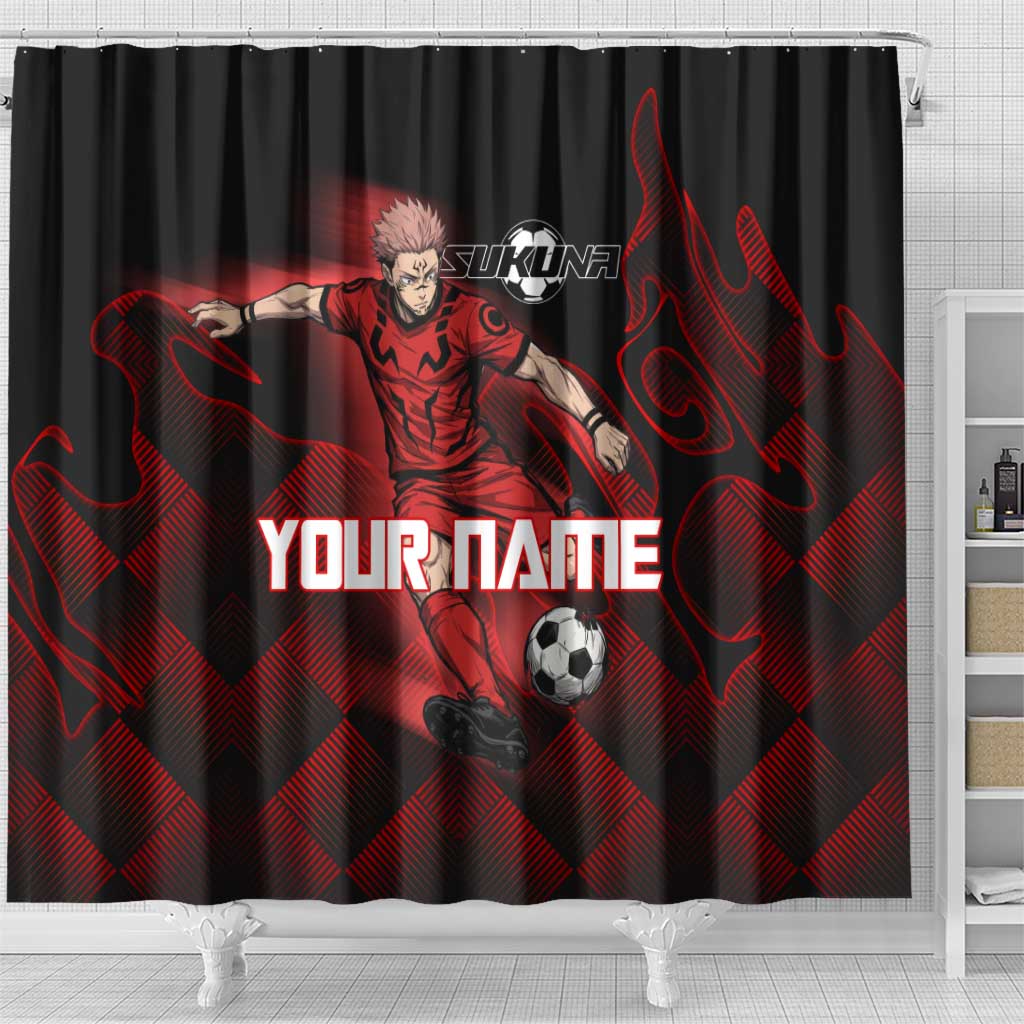 Personalized Sukuna Jujutsu Kaisen Soccer Theme Shower Curtain with Powerful Kick Pose and Red Black Plaid Graphic Design - The Mazicc