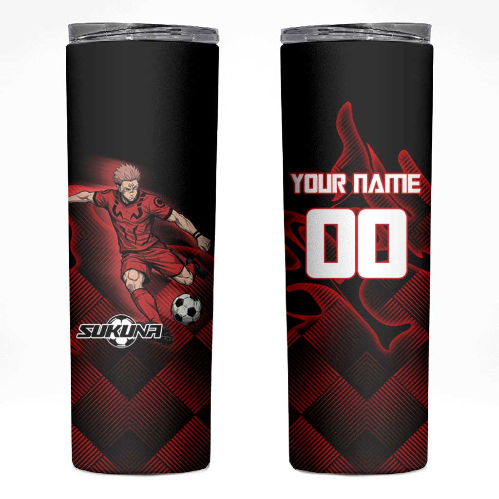 Personalized Sukuna Jujutsu Kaisen Soccer Theme Skinny Tumbler with Powerful Kick Pose and Red Black Plaid Graphic Design - The Mazicc