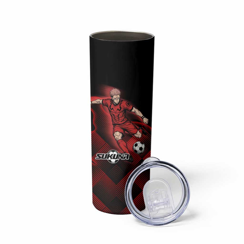 Personalized Sukuna Jujutsu Kaisen Soccer Theme Skinny Tumbler with Powerful Kick Pose and Red Black Plaid Graphic Design - The Mazicc