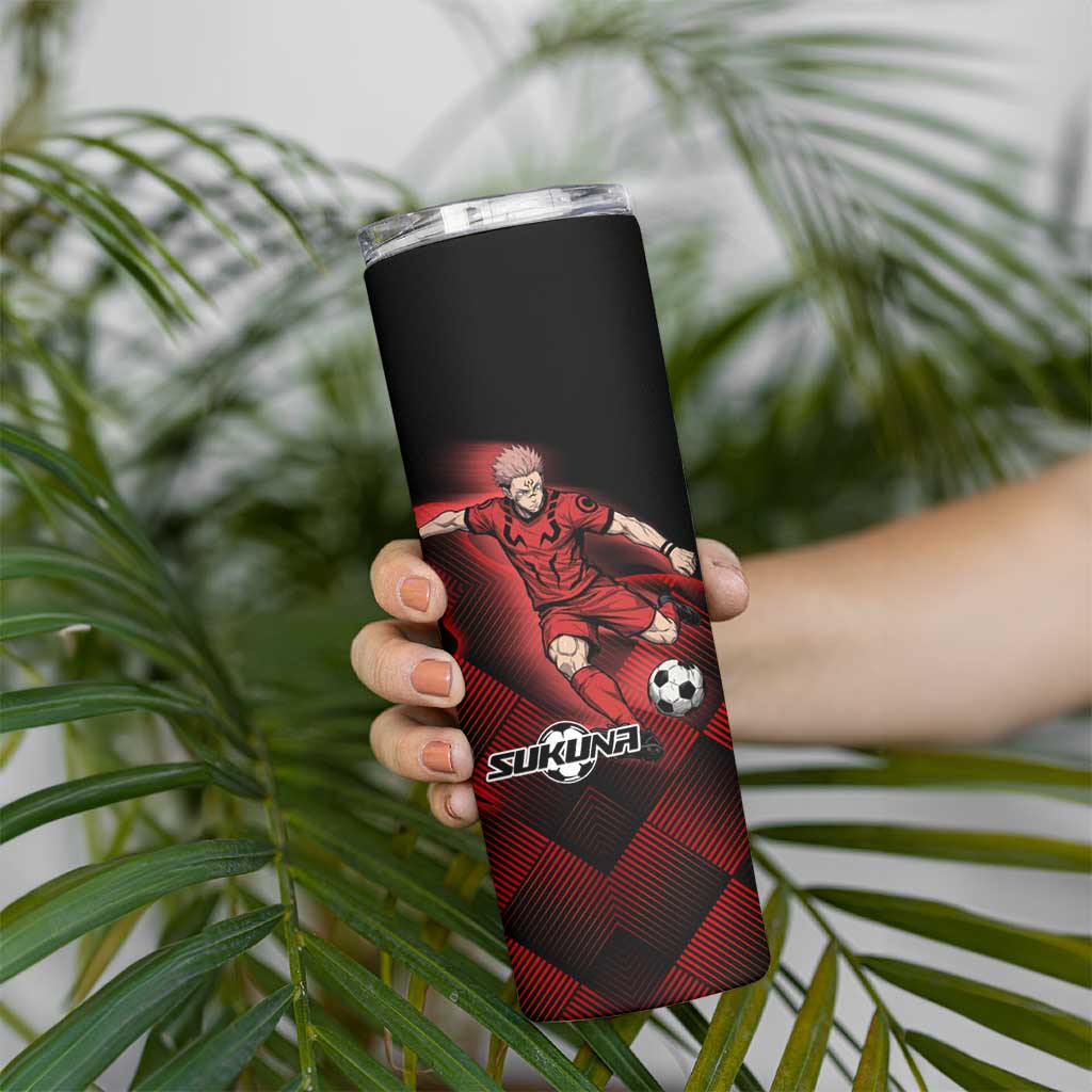 Personalized Sukuna Jujutsu Kaisen Soccer Theme Skinny Tumbler with Powerful Kick Pose and Red Black Plaid Graphic Design - The Mazicc