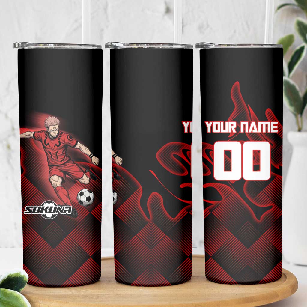 Personalized Sukuna Jujutsu Kaisen Soccer Theme Skinny Tumbler with Powerful Kick Pose and Red Black Plaid Graphic Design - The Mazicc