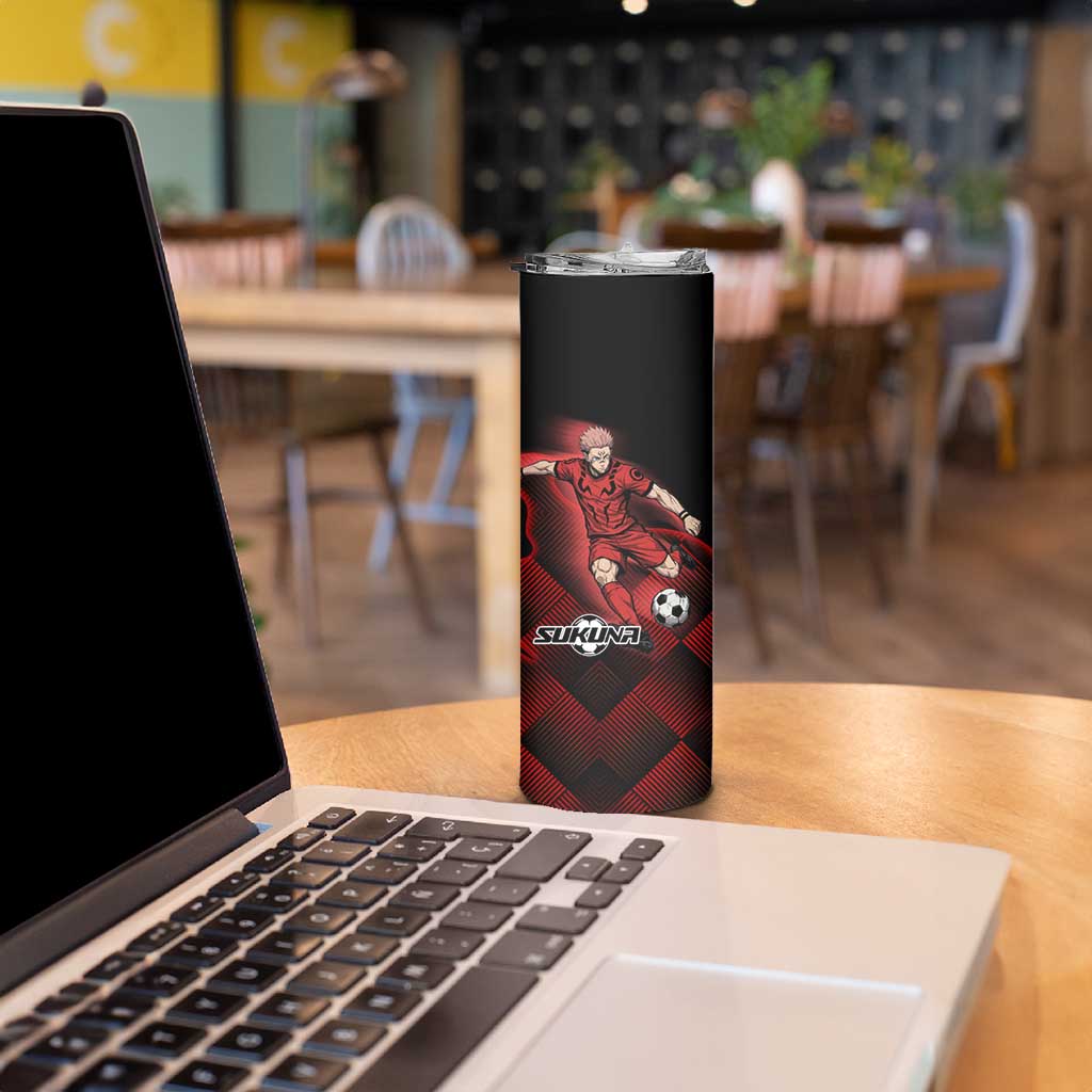 Personalized Sukuna Jujutsu Kaisen Soccer Theme Skinny Tumbler with Powerful Kick Pose and Red Black Plaid Graphic Design - The Mazicc
