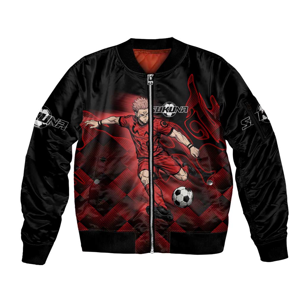 Personalized Sukuna Jujutsu Kaisen Soccer Theme Sleeve Zip Bomber Jacket with Powerful Kick Pose and Red Black Plaid Graphic Design - The Mazicc