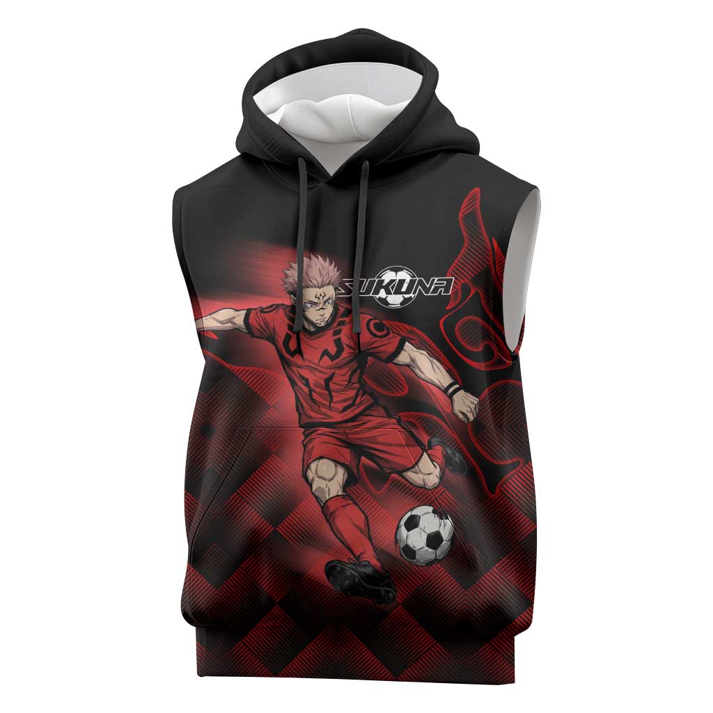 Personalized Sukuna Jujutsu Kaisen Soccer Theme Sleeveless Hoodie with Powerful Kick Pose and Red Black Plaid Graphic Design - The Mazicc