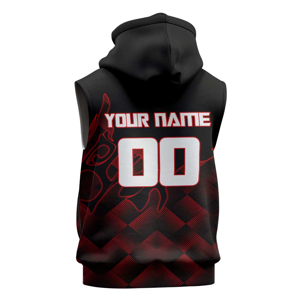 Personalized Sukuna Jujutsu Kaisen Soccer Theme Sleeveless Hoodie with Powerful Kick Pose and Red Black Plaid Graphic Design - The Mazicc