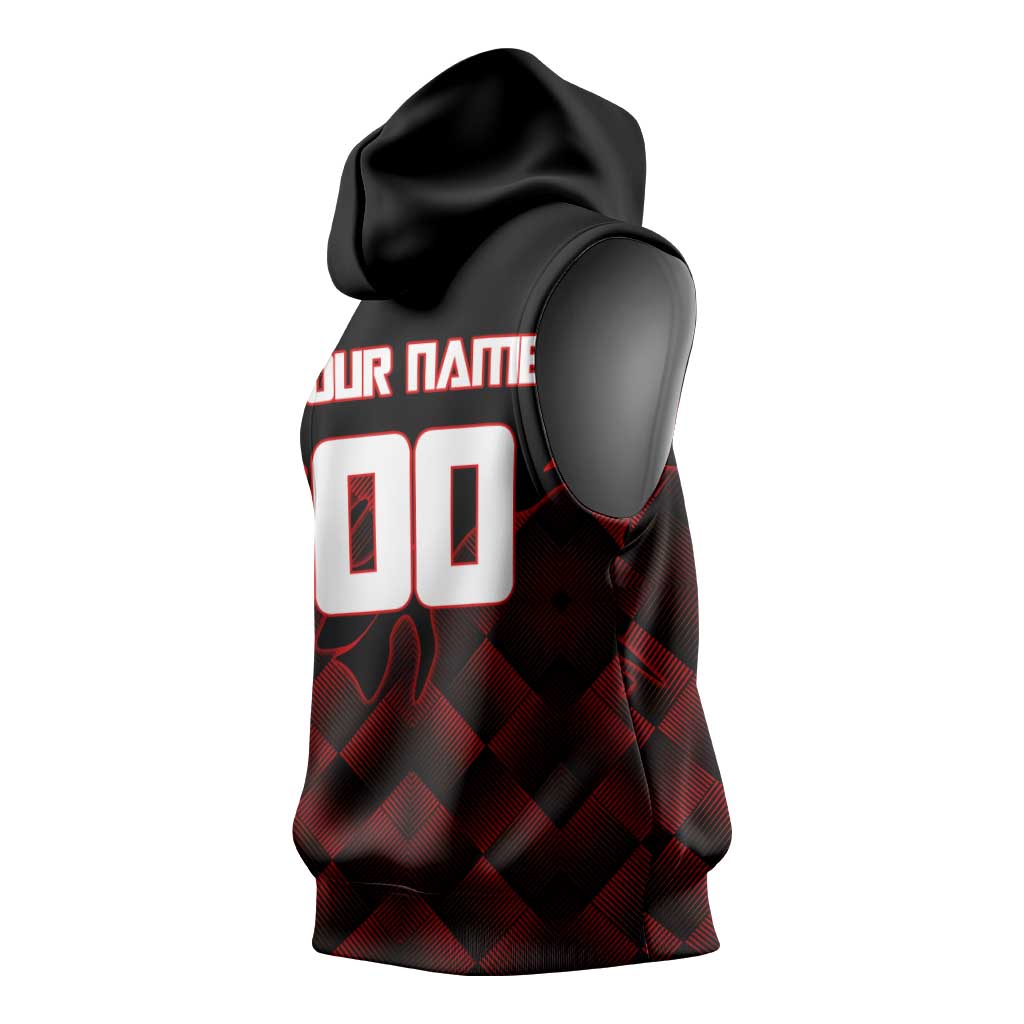 Personalized Sukuna Jujutsu Kaisen Soccer Theme Sleeveless Hoodie with Powerful Kick Pose and Red Black Plaid Graphic Design - The Mazicc