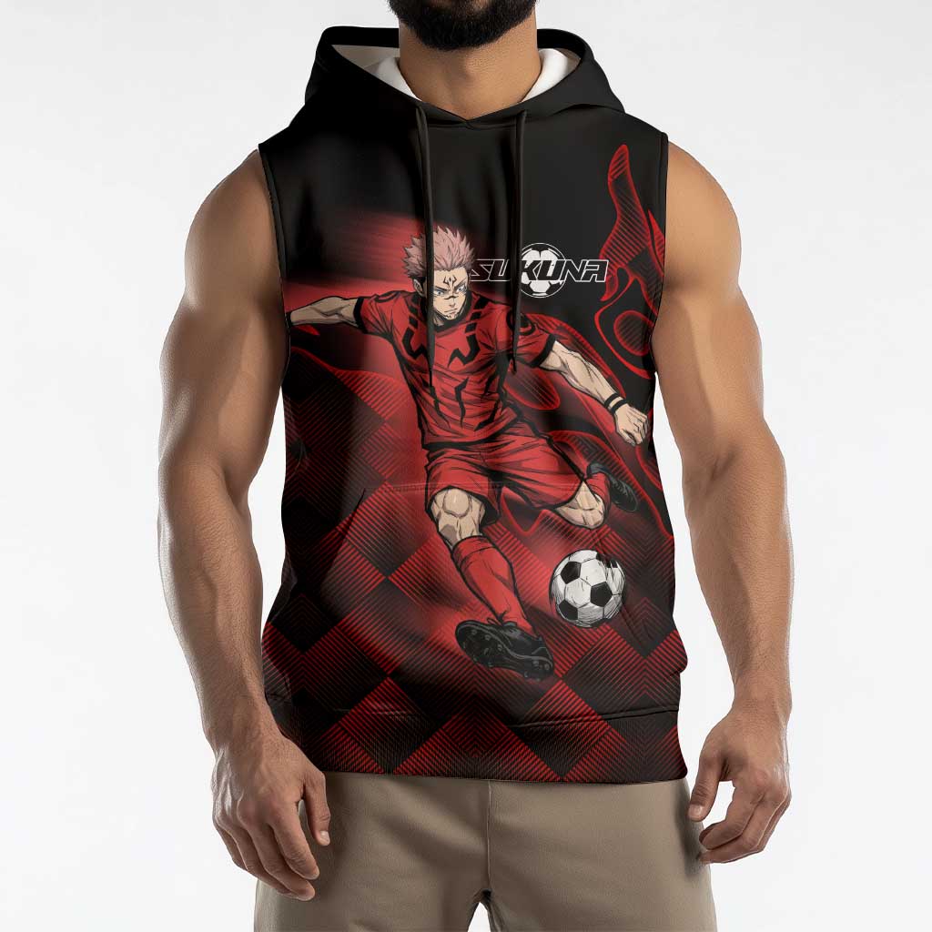 Personalized Sukuna Jujutsu Kaisen Soccer Theme Sleeveless Hoodie with Powerful Kick Pose and Red Black Plaid Graphic Design - The Mazicc