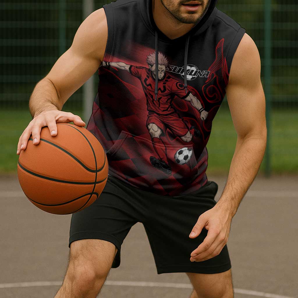 Personalized Sukuna Jujutsu Kaisen Soccer Theme Sleeveless Hoodie with Powerful Kick Pose and Red Black Plaid Graphic Design - The Mazicc