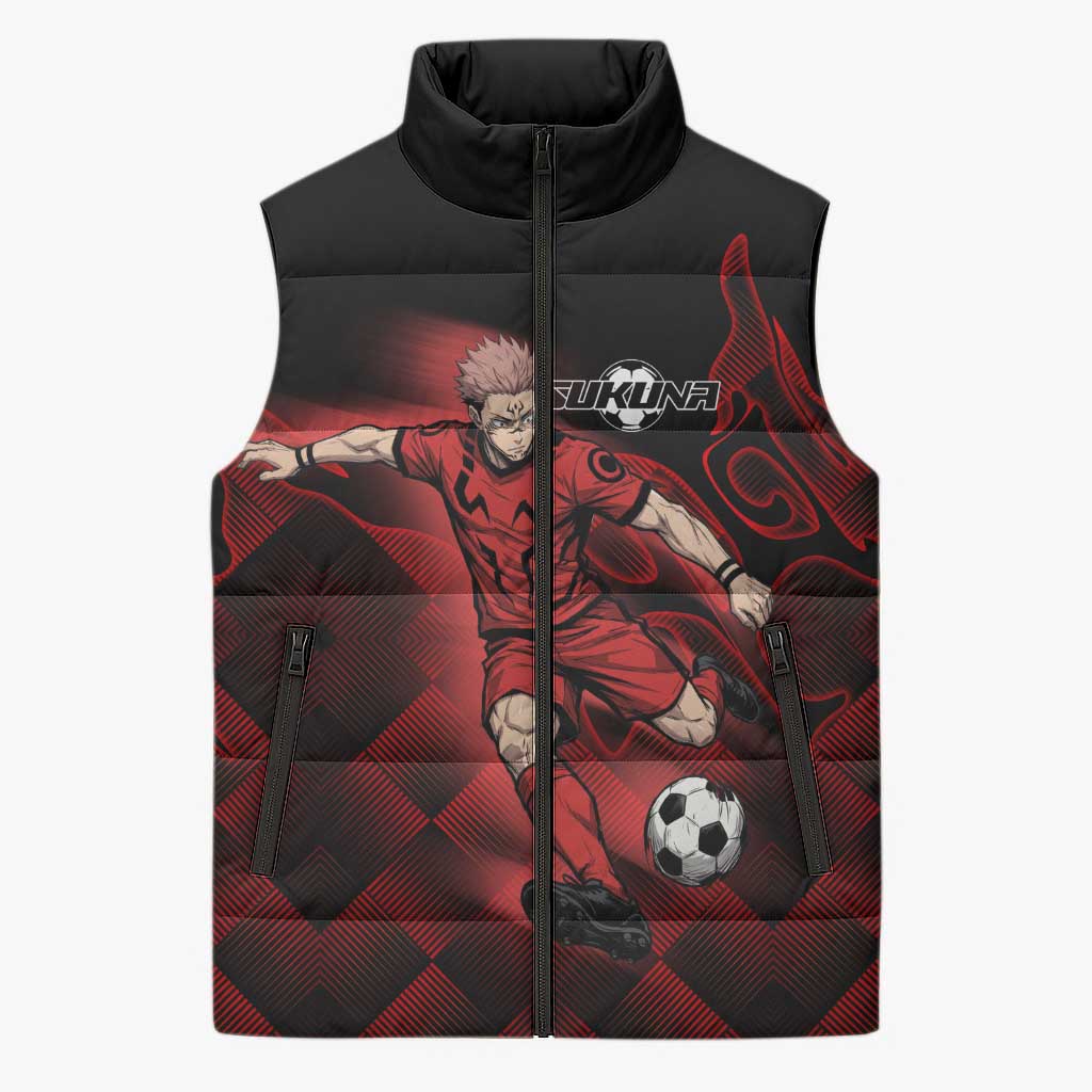 Personalized Sukuna Jujutsu Kaisen Soccer Theme Sleeveless Puffer Jacket with Powerful Kick Pose and Red Black Plaid Graphic Design - The Mazicc