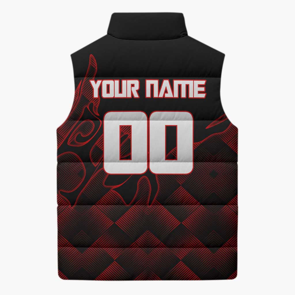 Personalized Sukuna Jujutsu Kaisen Soccer Theme Sleeveless Puffer Jacket with Powerful Kick Pose and Red Black Plaid Graphic Design - The Mazicc