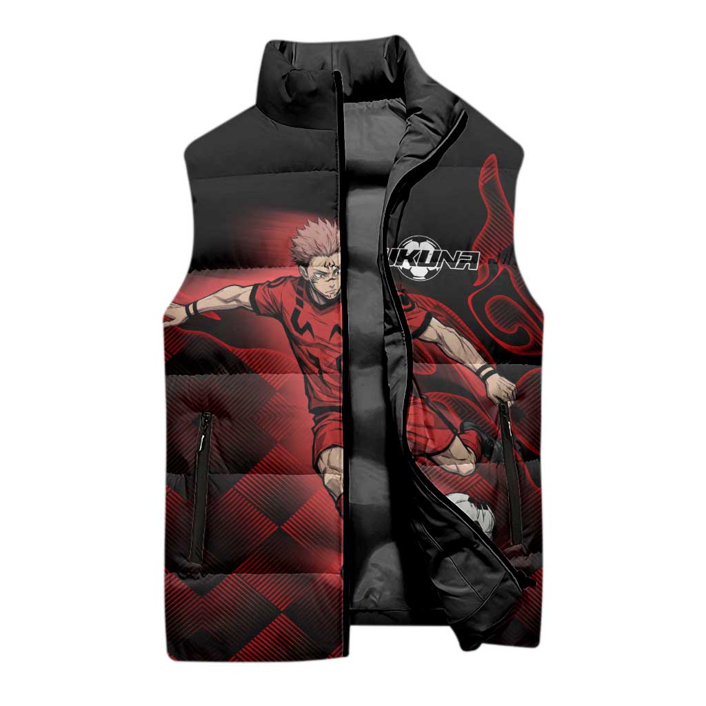 Personalized Sukuna Jujutsu Kaisen Soccer Theme Sleeveless Puffer Jacket with Powerful Kick Pose and Red Black Plaid Graphic Design - The Mazicc