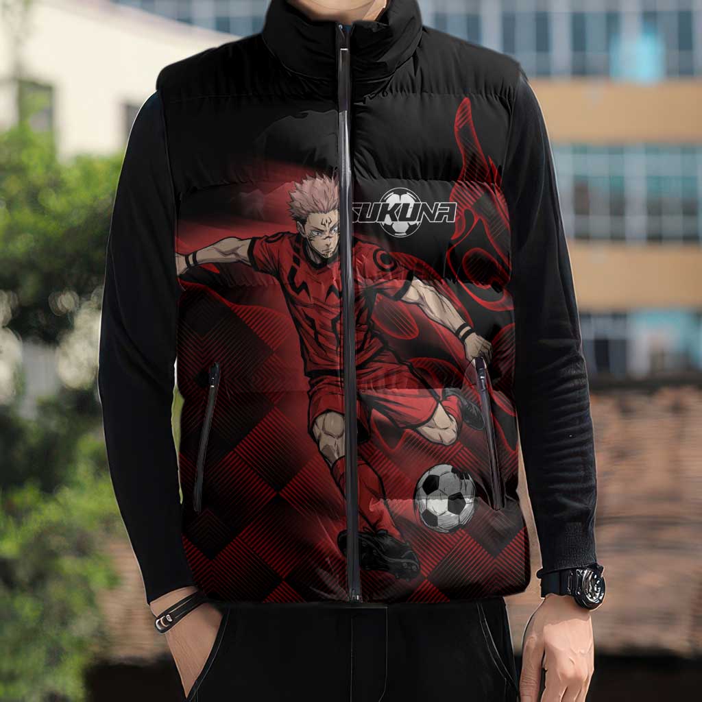 Personalized Sukuna Jujutsu Kaisen Soccer Theme Sleeveless Puffer Jacket with Powerful Kick Pose and Red Black Plaid Graphic Design - The Mazicc