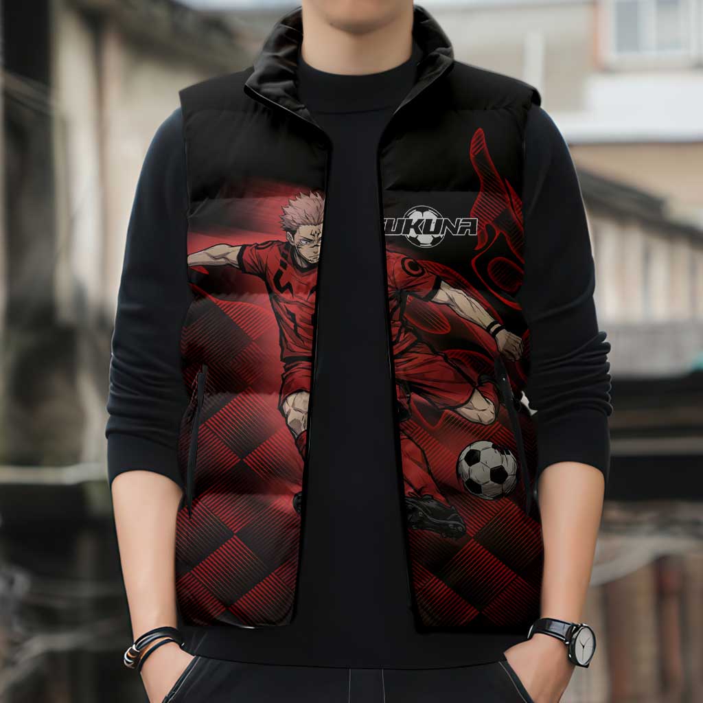 Personalized Sukuna Jujutsu Kaisen Soccer Theme Sleeveless Puffer Jacket with Powerful Kick Pose and Red Black Plaid Graphic Design - The Mazicc