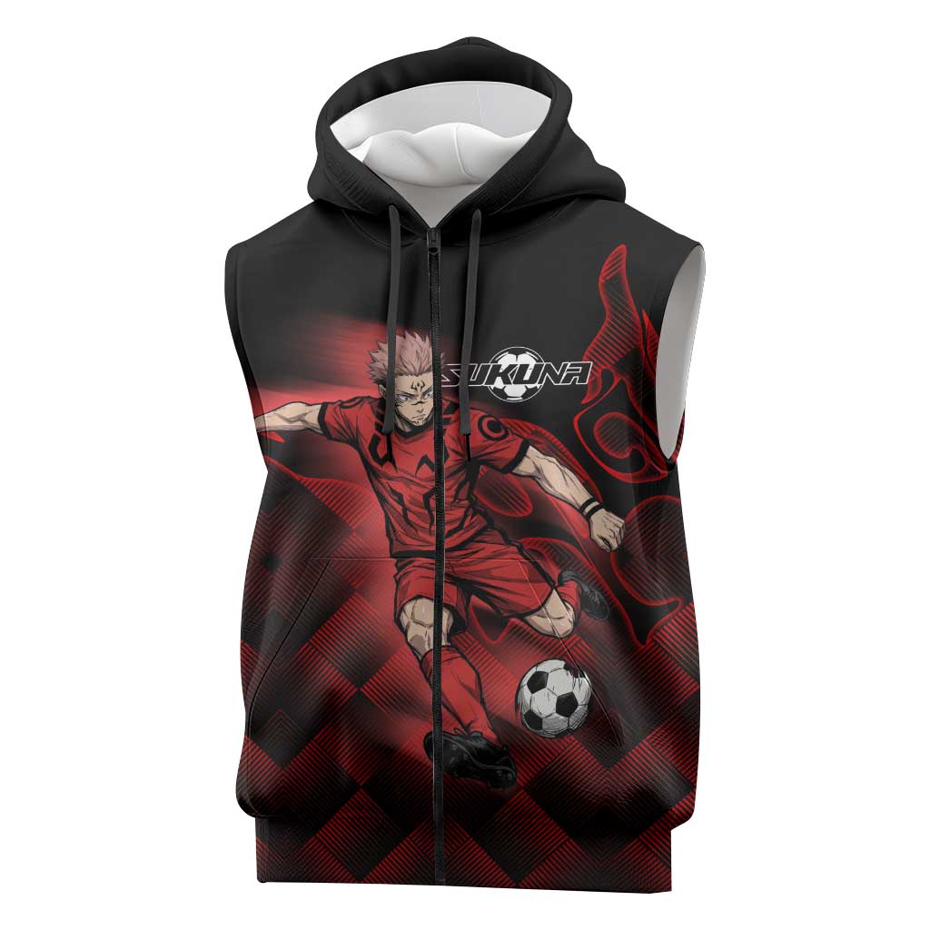 Personalized Sukuna Jujutsu Kaisen Soccer Theme Sleeveless Zip Hoodie with Powerful Kick Pose and Red Black Plaid Graphic Design - The Mazicc