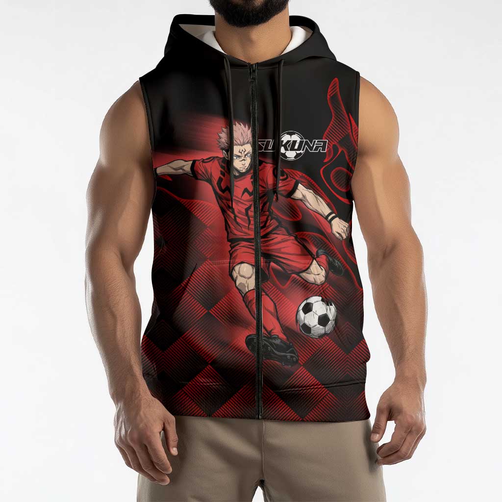 Personalized Sukuna Jujutsu Kaisen Soccer Theme Sleeveless Zip Hoodie with Powerful Kick Pose and Red Black Plaid Graphic Design - The Mazicc