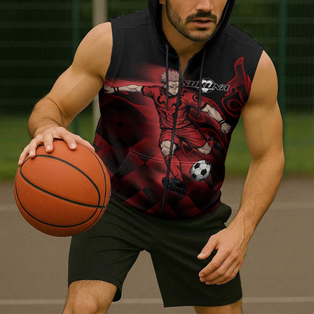 Personalized Sukuna Jujutsu Kaisen Soccer Theme Sleeveless Zip Hoodie with Powerful Kick Pose and Red Black Plaid Graphic Design - The Mazicc