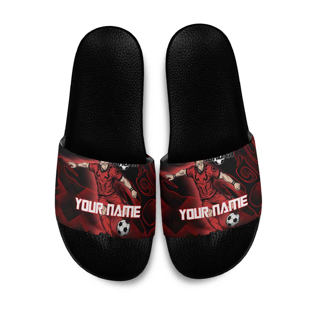 Personalized Sukuna Jujutsu Kaisen Soccer Theme Slide Sandals with Powerful Kick Pose and Red Black Plaid Graphic Design - The Mazicc