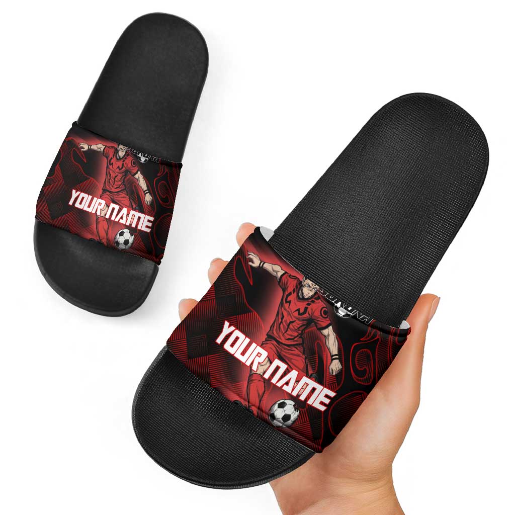 Personalized Sukuna Jujutsu Kaisen Soccer Theme Slide Sandals with Powerful Kick Pose and Red Black Plaid Graphic Design - The Mazicc