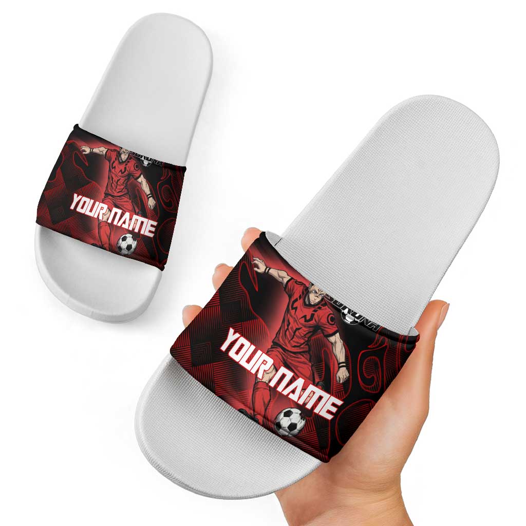 Personalized Sukuna Jujutsu Kaisen Soccer Theme Slide Sandals with Powerful Kick Pose and Red Black Plaid Graphic Design - The Mazicc