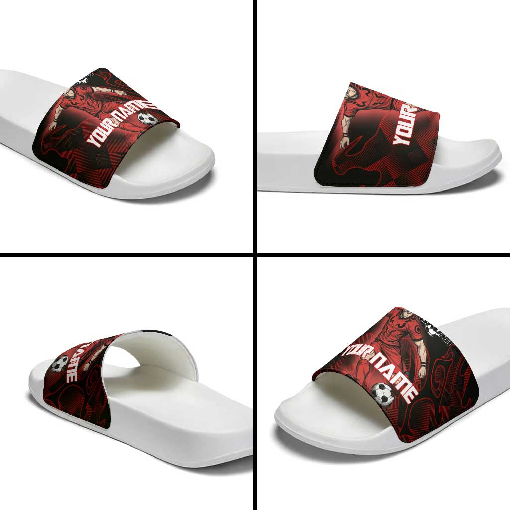 Personalized Sukuna Jujutsu Kaisen Soccer Theme Slide Sandals with Powerful Kick Pose and Red Black Plaid Graphic Design - The Mazicc