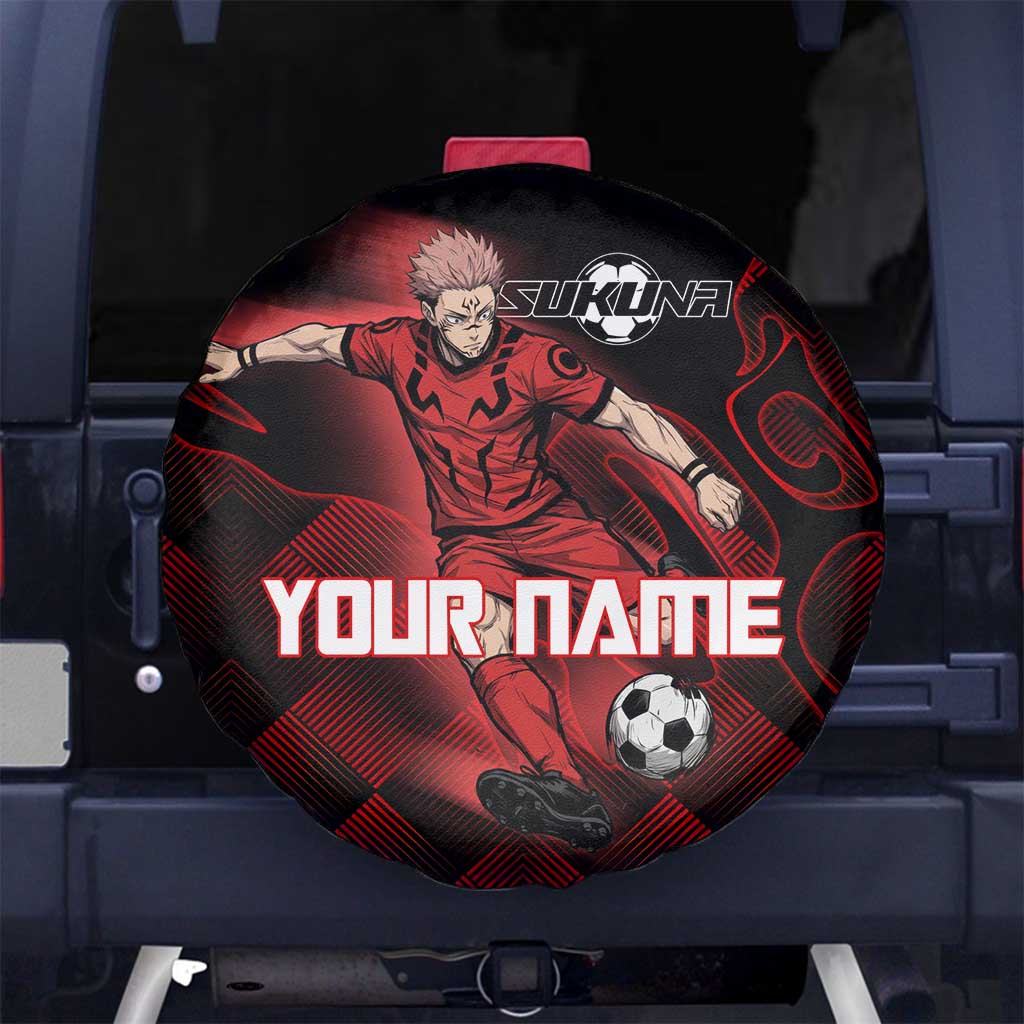 Personalized Sukuna Jujutsu Kaisen Soccer Theme Spare Tire Cover with Powerful Kick Pose and Red Black Plaid Graphic Design - The Mazicc