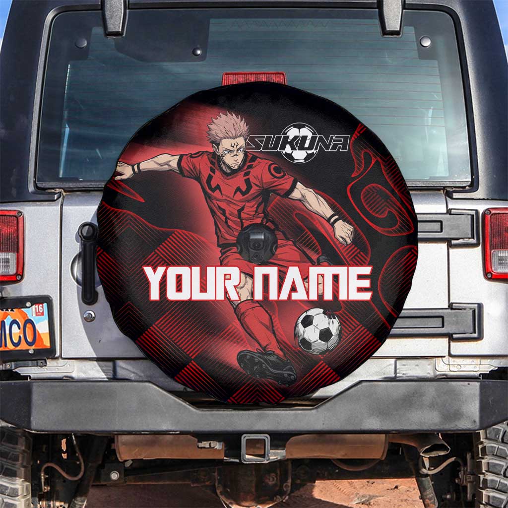 Personalized Sukuna Jujutsu Kaisen Soccer Theme Spare Tire Cover with Powerful Kick Pose and Red Black Plaid Graphic Design - The Mazicc