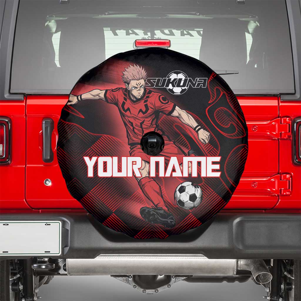 Personalized Sukuna Jujutsu Kaisen Soccer Theme Spare Tire Cover with Powerful Kick Pose and Red Black Plaid Graphic Design - The Mazicc