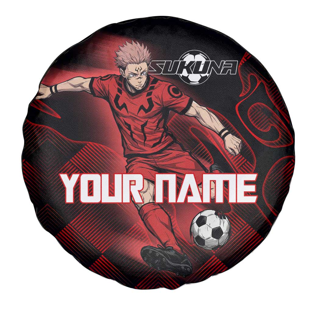 Personalized Sukuna Jujutsu Kaisen Soccer Theme Spare Tire Cover with Powerful Kick Pose and Red Black Plaid Graphic Design - The Mazicc
