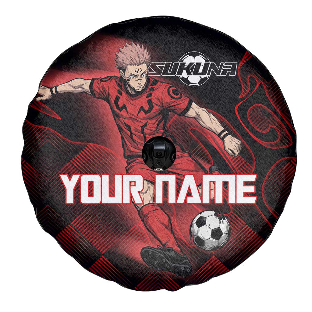 Personalized Sukuna Jujutsu Kaisen Soccer Theme Spare Tire Cover with Powerful Kick Pose and Red Black Plaid Graphic Design - The Mazicc