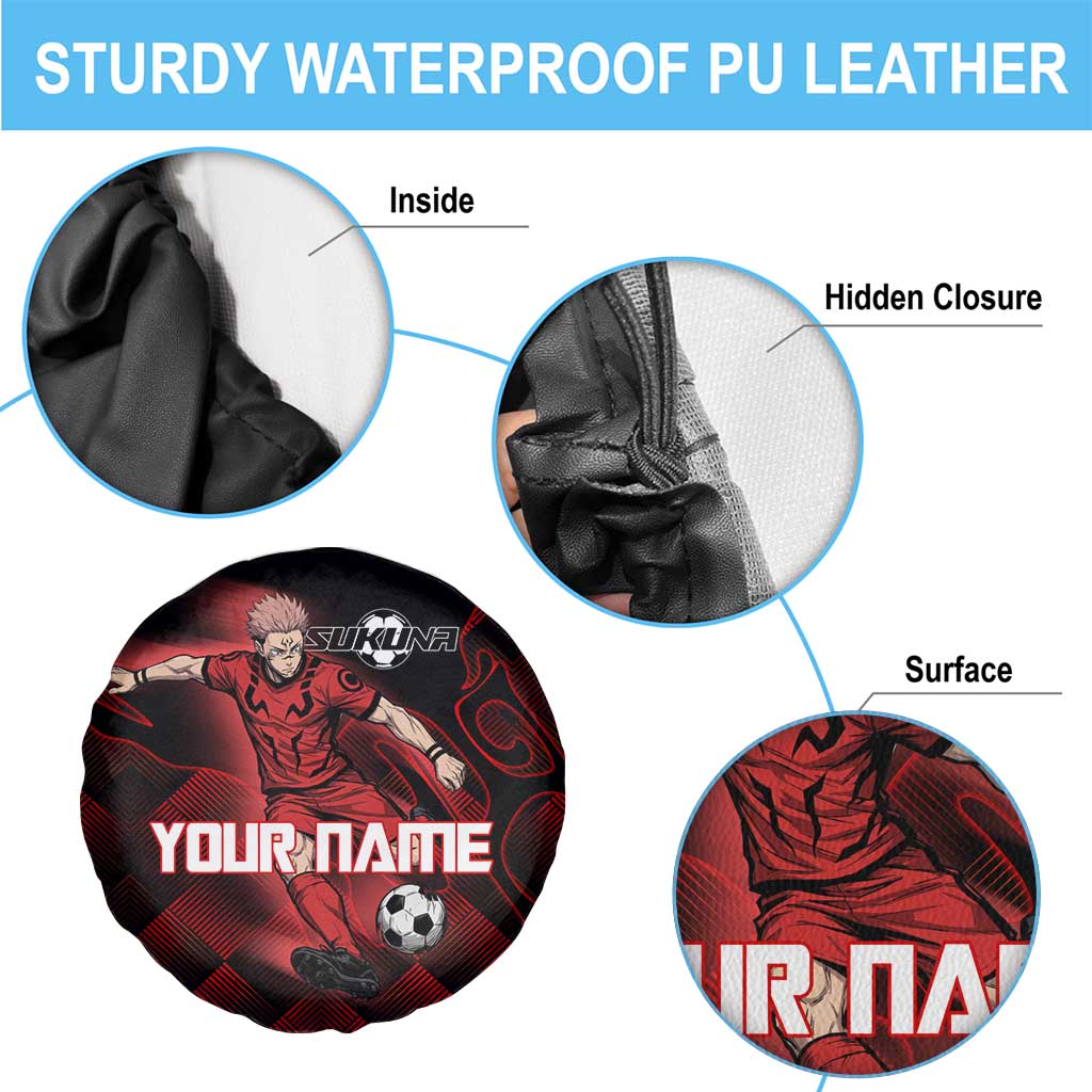Personalized Sukuna Jujutsu Kaisen Soccer Theme Spare Tire Cover with Powerful Kick Pose and Red Black Plaid Graphic Design - The Mazicc