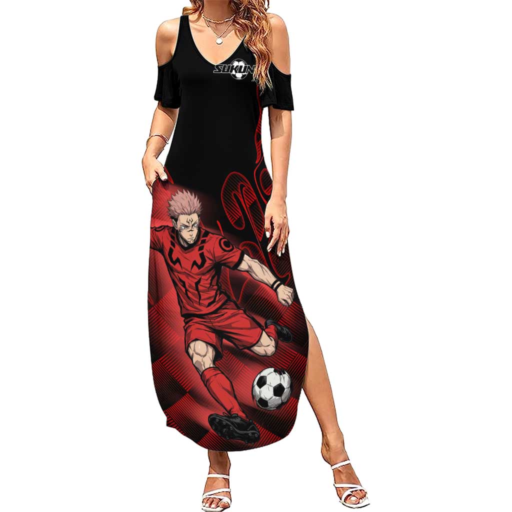 Personalized Sukuna Jujutsu Kaisen Soccer Theme Summer Maxi Dress with Powerful Kick Pose and Red Black Plaid Graphic Design - The Mazicc