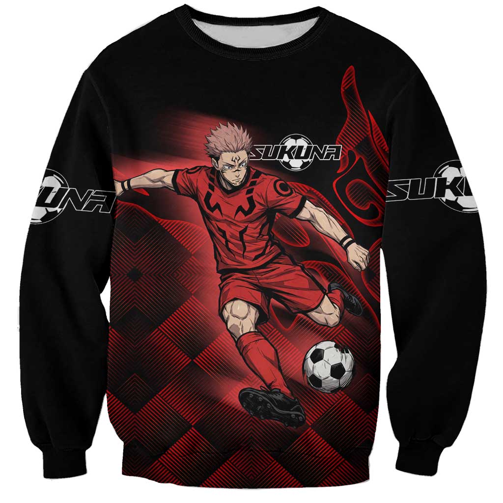 Personalized Sukuna Jujutsu Kaisen Soccer Theme Sweatshirt with Powerful Kick Pose and Red Black Plaid Graphic Design - The Mazicc
