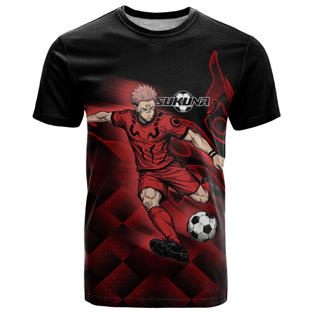 Personalized Sukuna Jujutsu Kaisen Soccer Theme T Shirt with Powerful Kick Pose and Red Black Plaid Graphic Design - The Mazicc