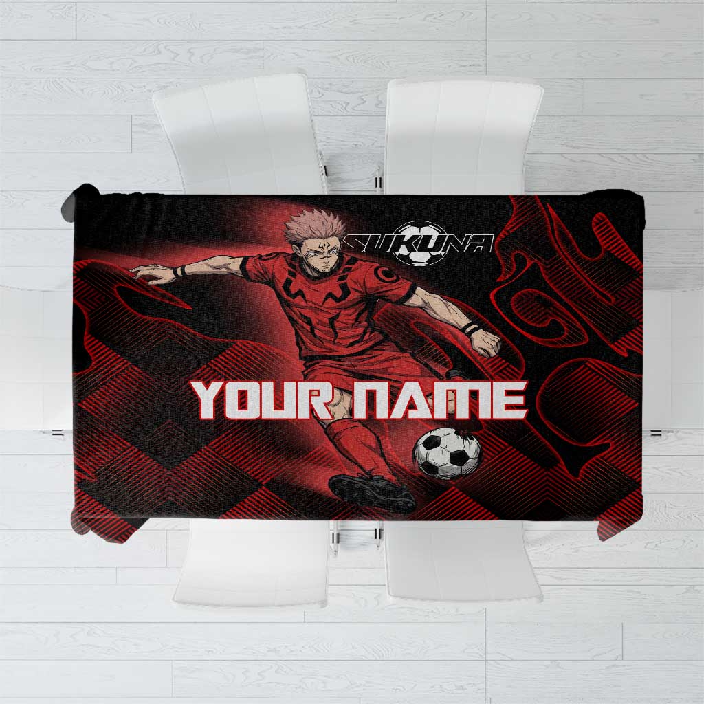 Personalized Sukuna Jujutsu Kaisen Soccer Theme Tablecloth with Powerful Kick Pose and Red Black Plaid Graphic Design - The Mazicc