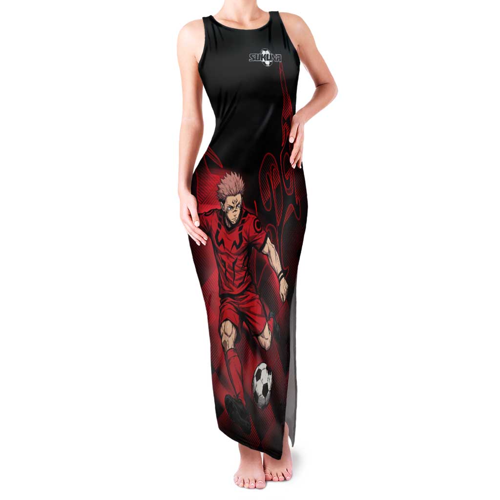 Personalized Sukuna Jujutsu Kaisen Soccer Theme Tank Maxi Dress with Powerful Kick Pose and Red Black Plaid Graphic Design - The Mazicc