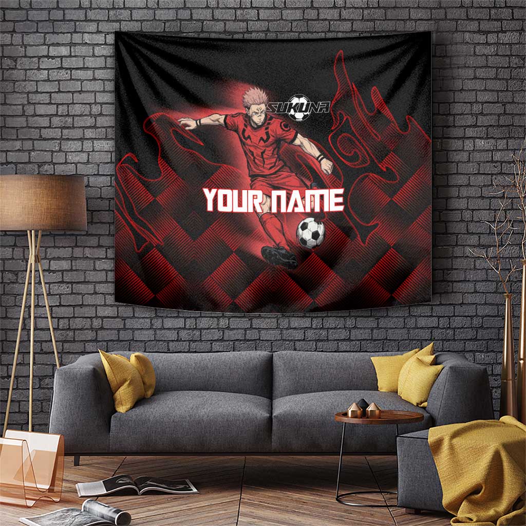 Personalized Sukuna Jujutsu Kaisen Soccer Theme Tapestry with Powerful Kick Pose and Red Black Plaid Graphic Design - The Mazicc