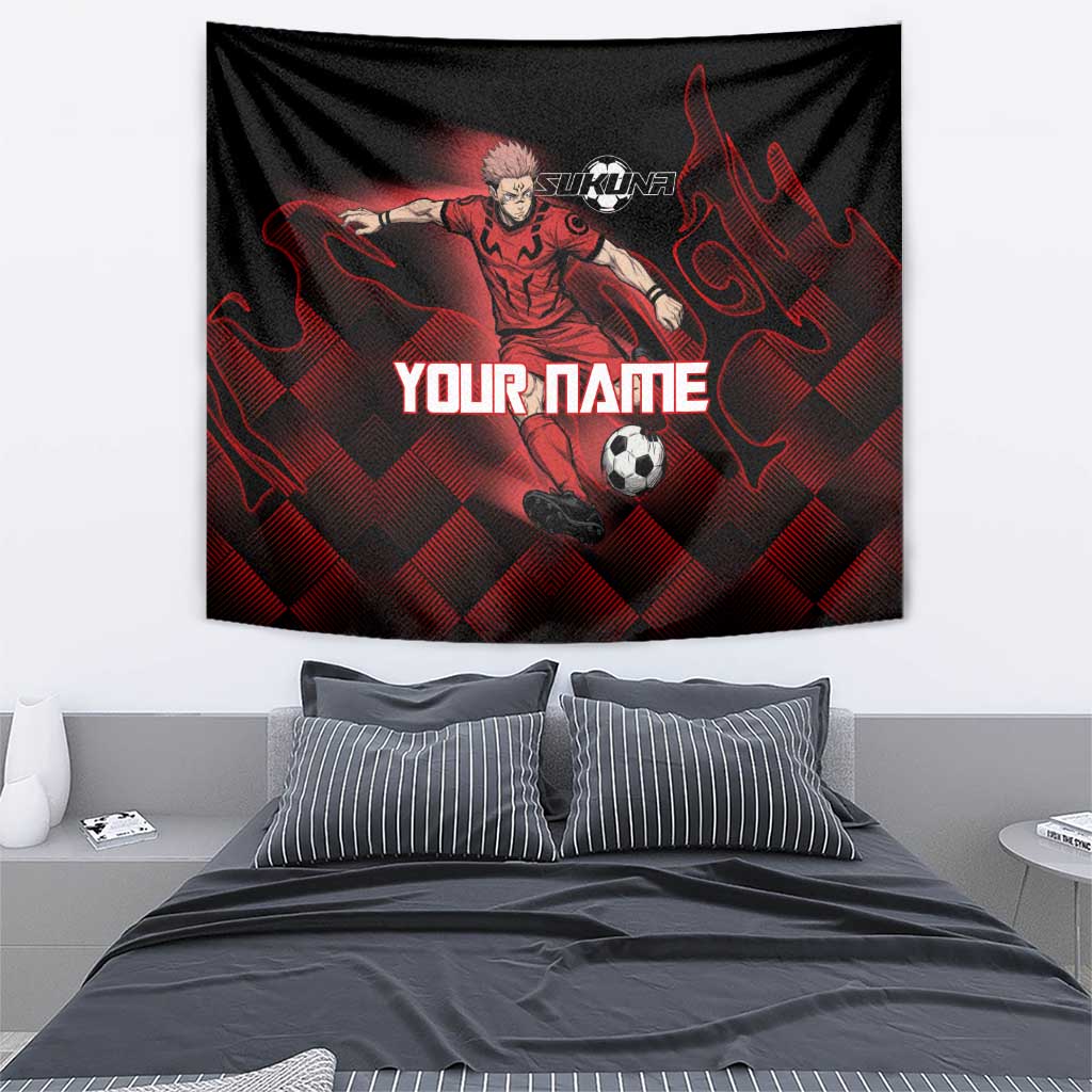 Personalized Sukuna Jujutsu Kaisen Soccer Theme Tapestry with Powerful Kick Pose and Red Black Plaid Graphic Design - The Mazicc